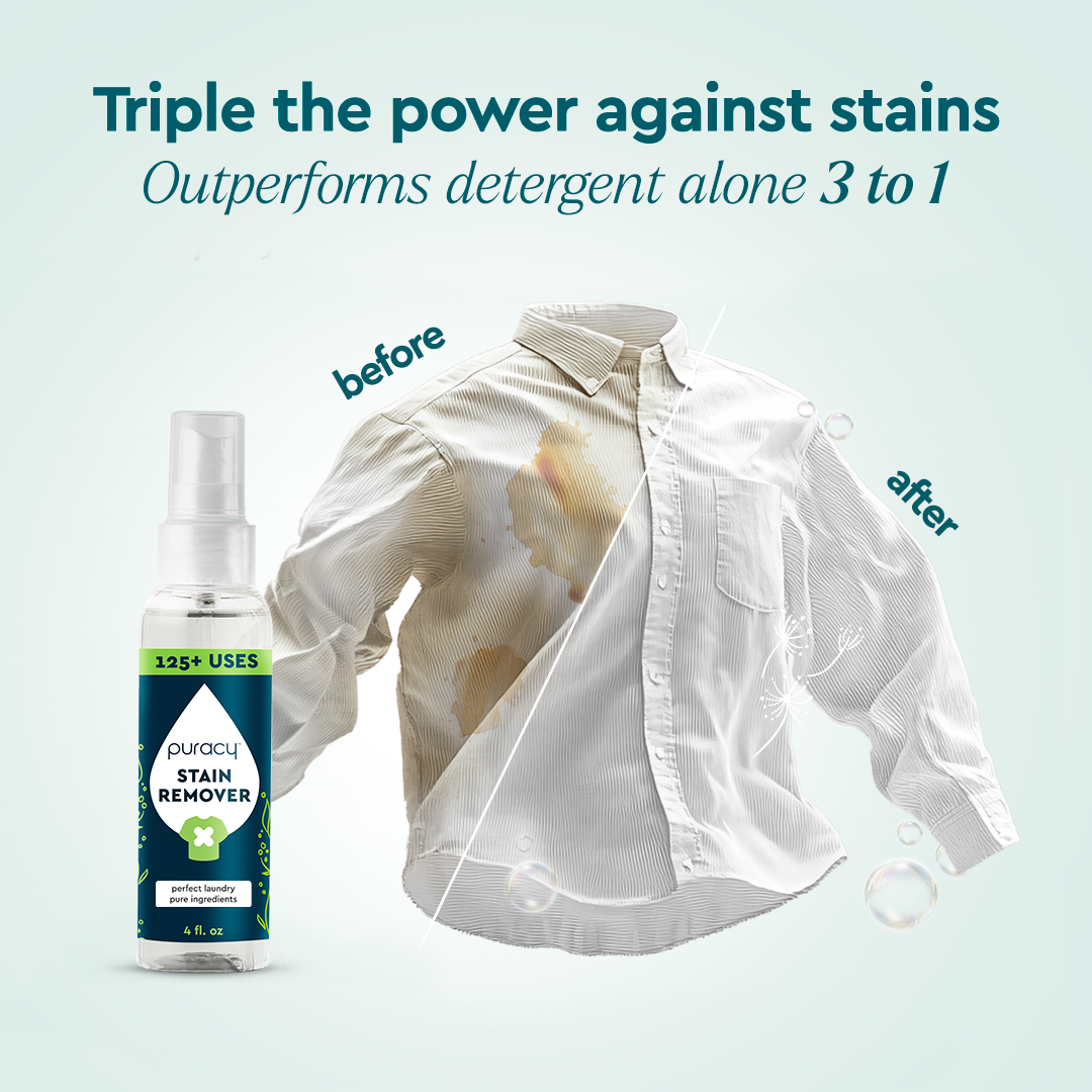 A shirt half-stained, half-clean, with a Laundry Stain Remover spray bottle in front.