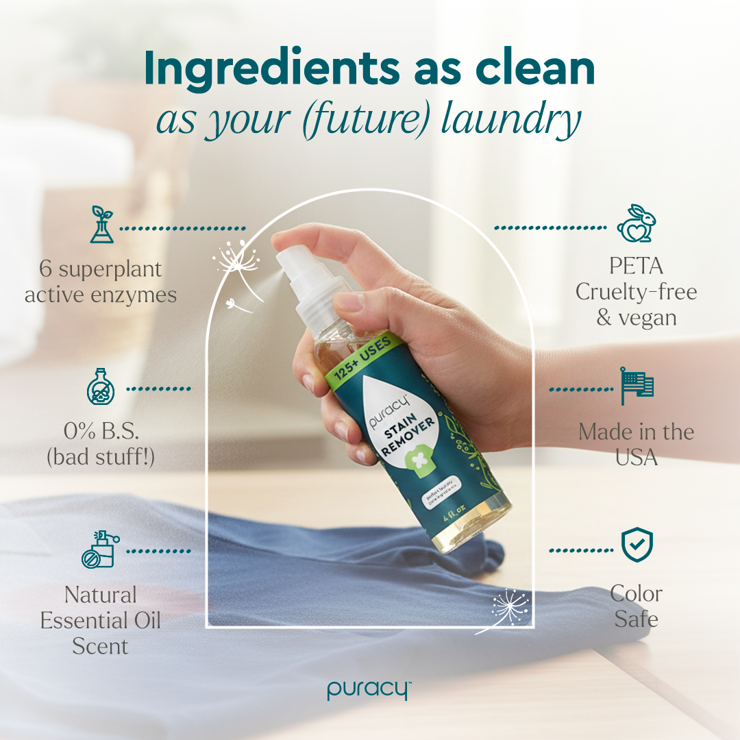 Spraying Laundry Stain Remover on a blue shirt, with key benefits highlighted around the image.
