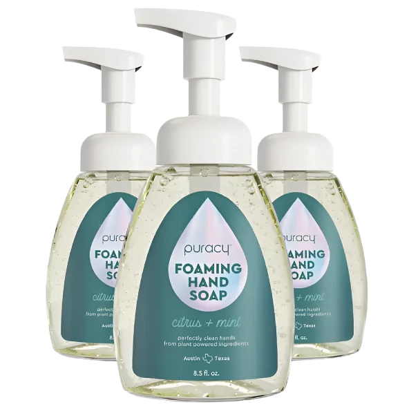 Three bottles of Foaming Hand Soap, each containing 8.5 fl oz and infused with citrus and mint, feature an eco-friendly formula crafted from biodegradable, plant-based ingredients.