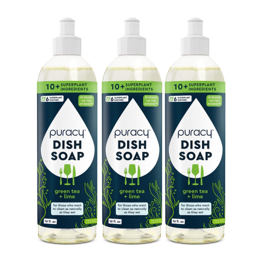 Three bottles of eco-friendly Puracy Dish Soap with green tea & lime, made with plant-based ingredients.