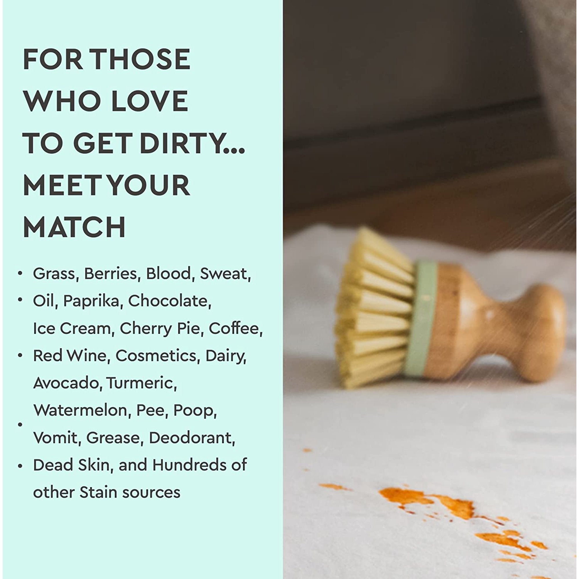 A scrub brush sits next to a stained cloth and a list of common stains, accompanied by Puracy Laundry Stain Remover Refill, Free & Clear, 48 fl. oz., to tackle even the toughest spots with its gentle, plant-based formula.