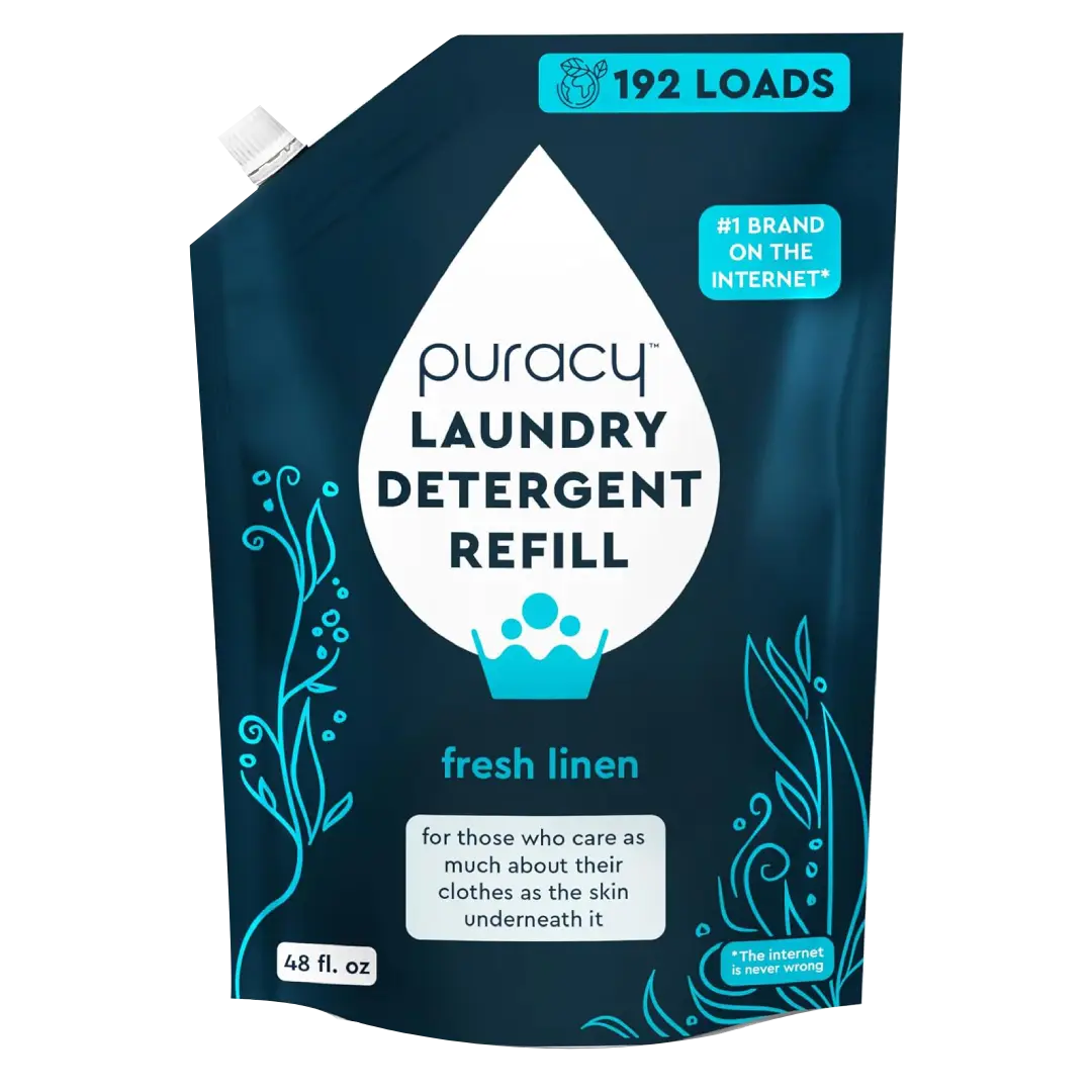 The Puracy Laundry Detergent (Concentrated, Sulfate-Free) refill pouch offers a fresh linen scent, is eco-friendly and hypoallergenic, and is perfect for 192 loads in a convenient 48 fl. oz. size.