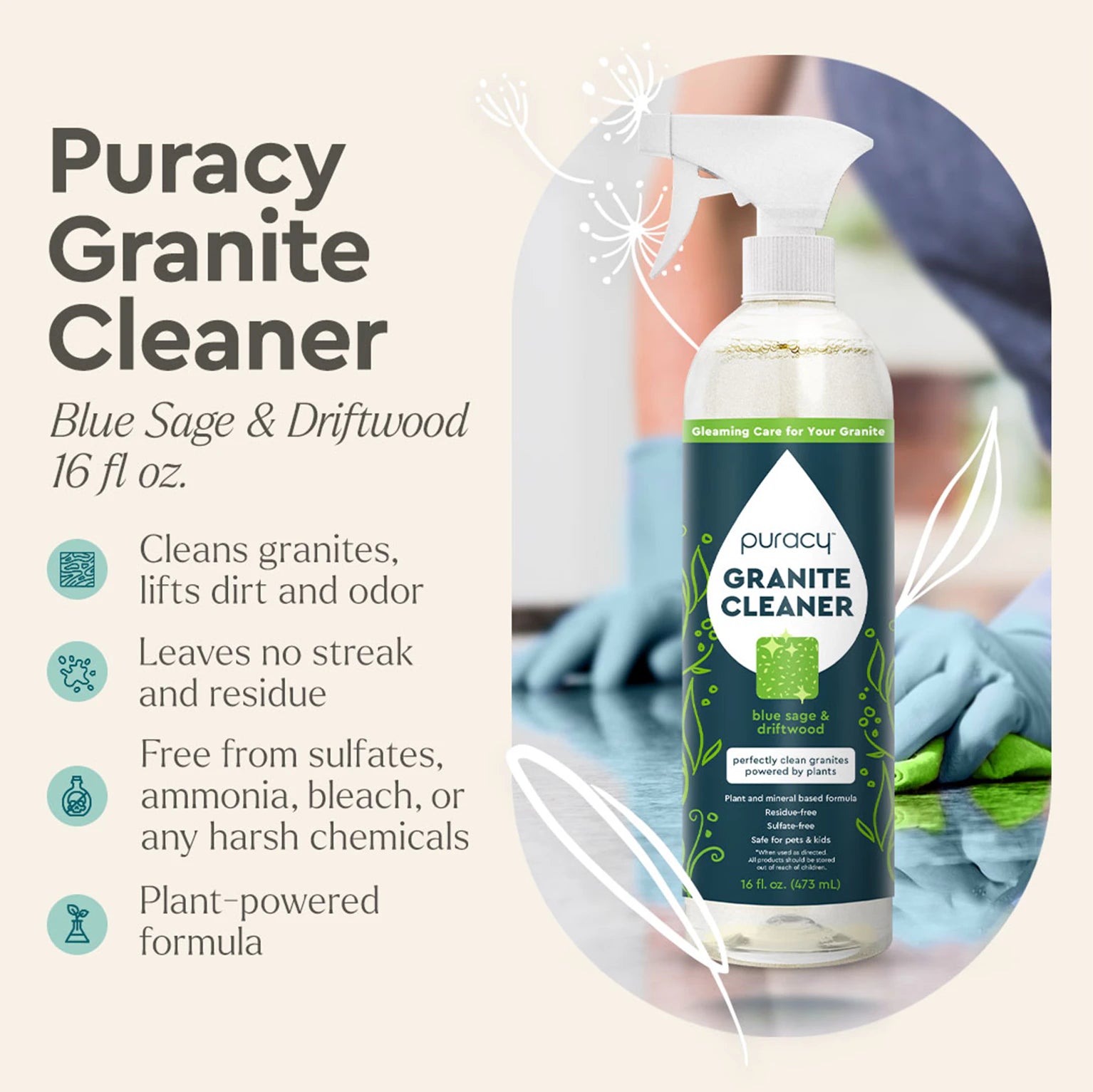 Granite Cleaner bottle featuring plant graphics and product details against a beige background. #common #scent_blue-sage-driftwood