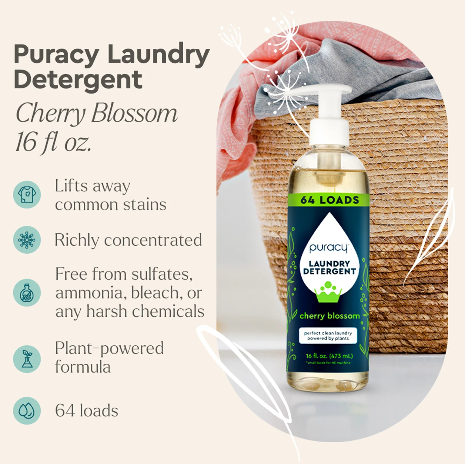 Puracy Laundry Detergent (Concentrated, Sulfate-Free) bottle with product features, highlighting its eco-friendly and hypoallergenic properties, detailed beside it.#common#scent_cherry-blossom