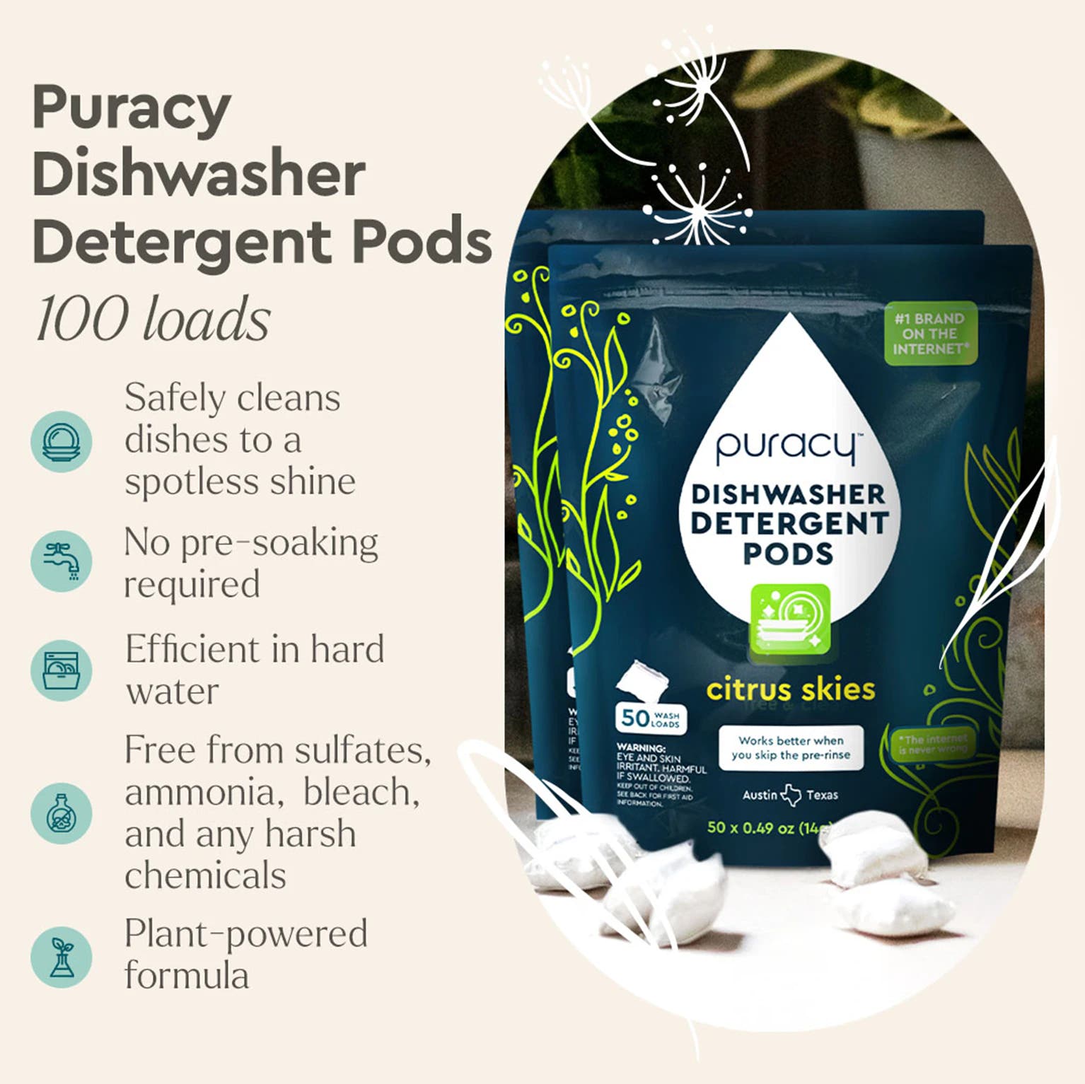 Trial: Dishwasher Detergent Pods, with plant-derived formula, is beside the bag in the foreground. #common #scent_citrus-skies two-packs-of-50_#size