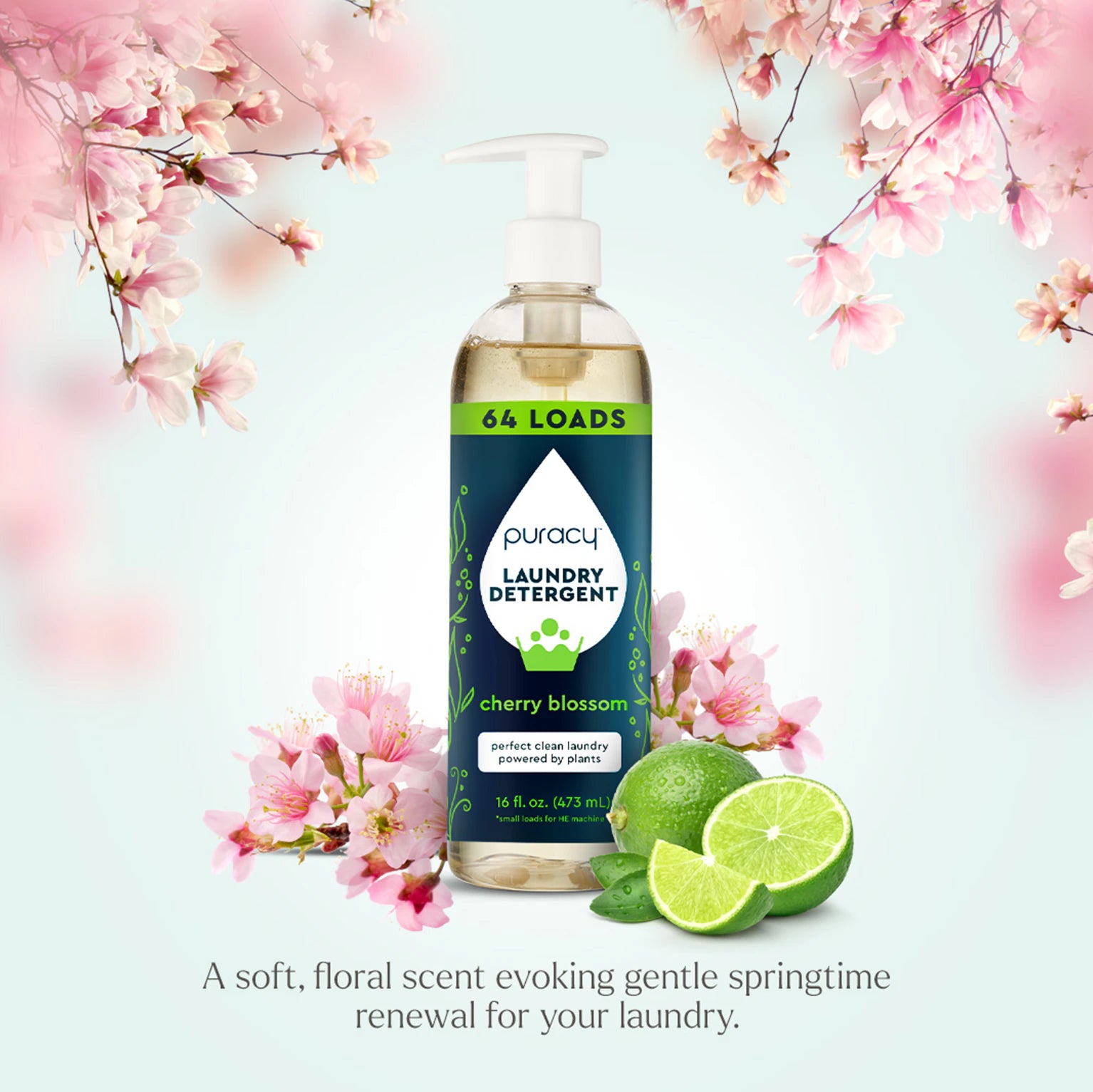 The Laundry Detergent (Concentrated, Sulfate-Free), offering 64 loads, features a hypoallergenic formula with cherry blossoms and limes for an eco-friendly clean.#common#scent_cherry-blossom