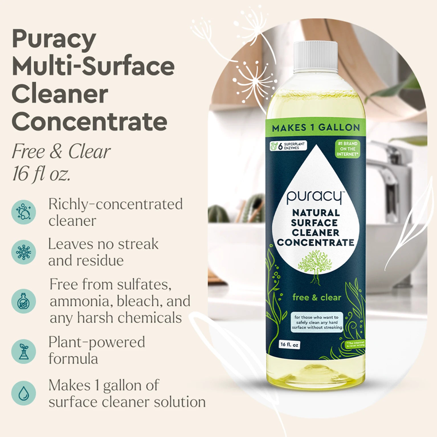 Bottle of Everyday Multi-Surface Cleaner with features listed beside it. #common #scent_unscented