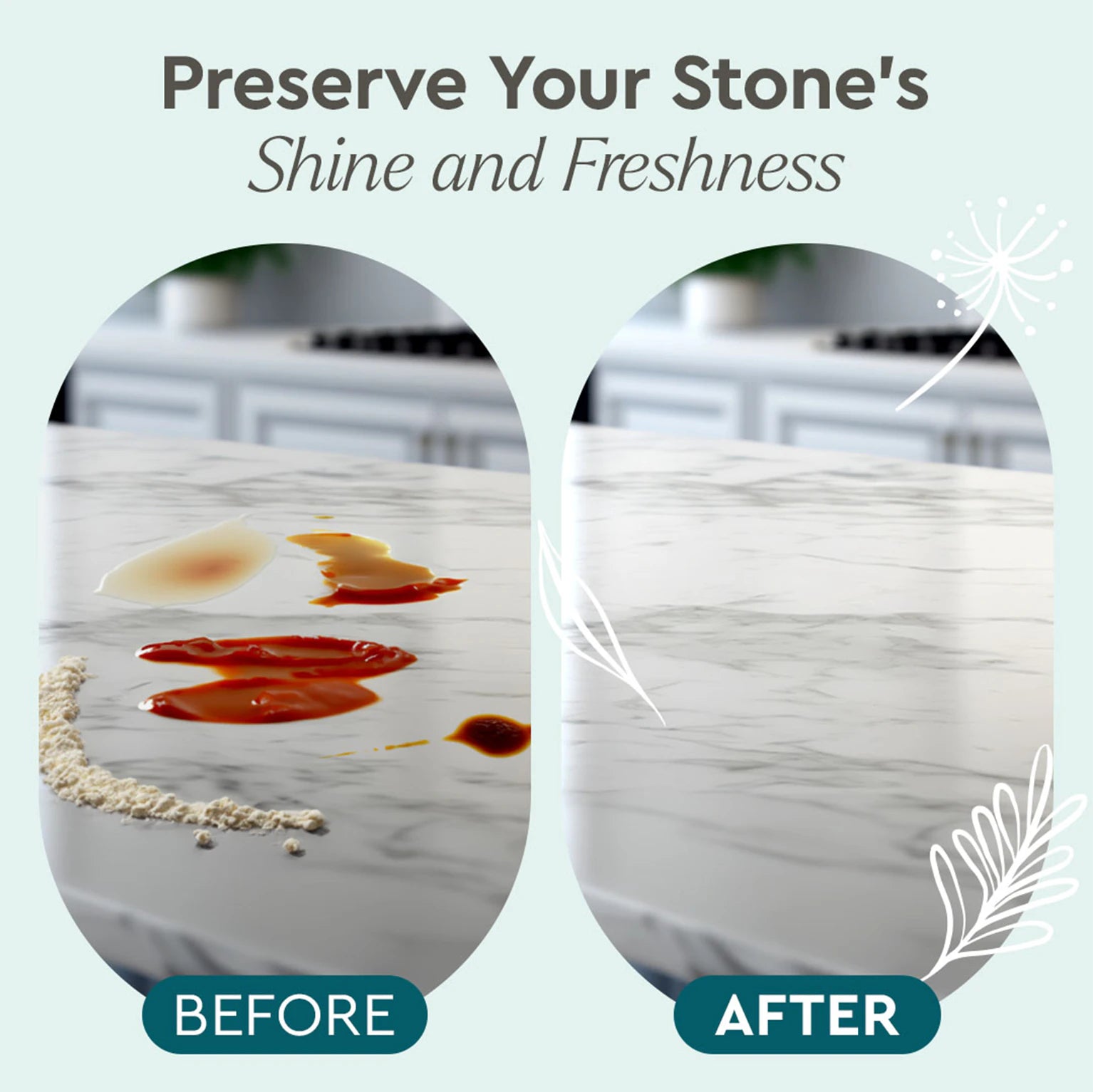 Before and after of a shiny, clean stone countertop with spilled sauces, thanks to Granite Cleaner. #common #scent_blue-sage-driftwood