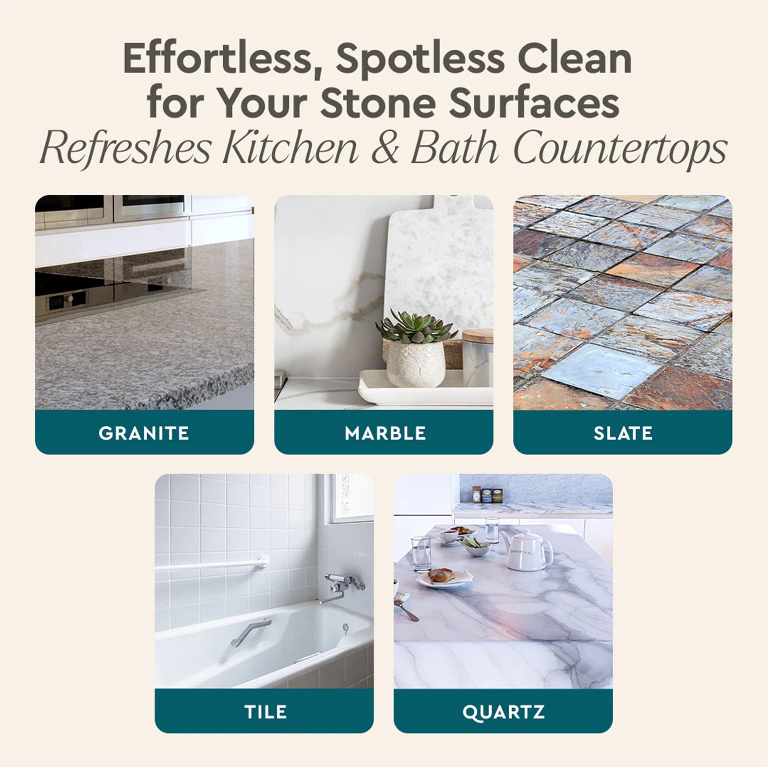Photos of countertops made from granite, marble, slate, tile, and quartz with the words "Granite Cleaner" displayed above. #common #scent_blue-sage-driftwood