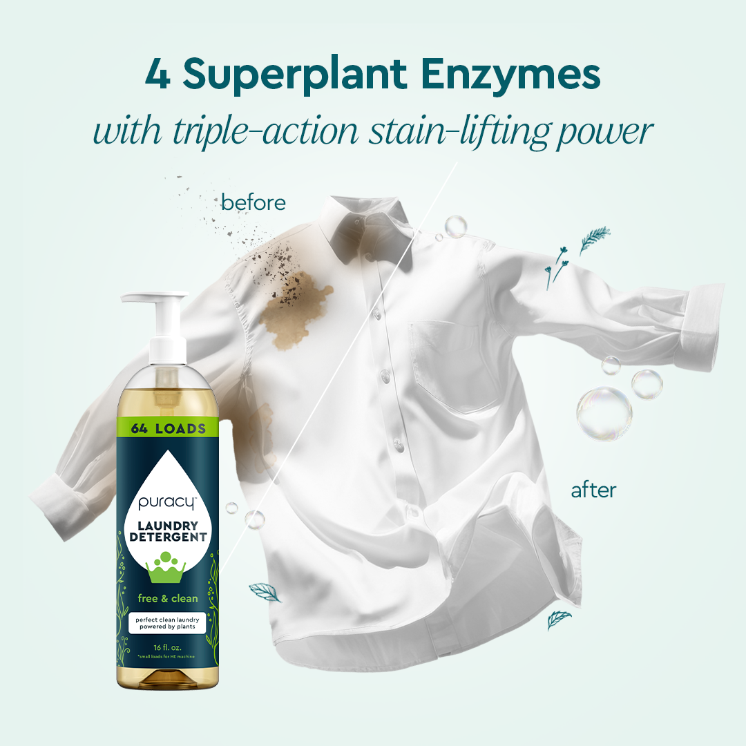 A stained shirt labeled "before" and clean "after" with Laundry Detergent (Concentrated, Sulfate-Free). #common #scent_unscented standard_#size