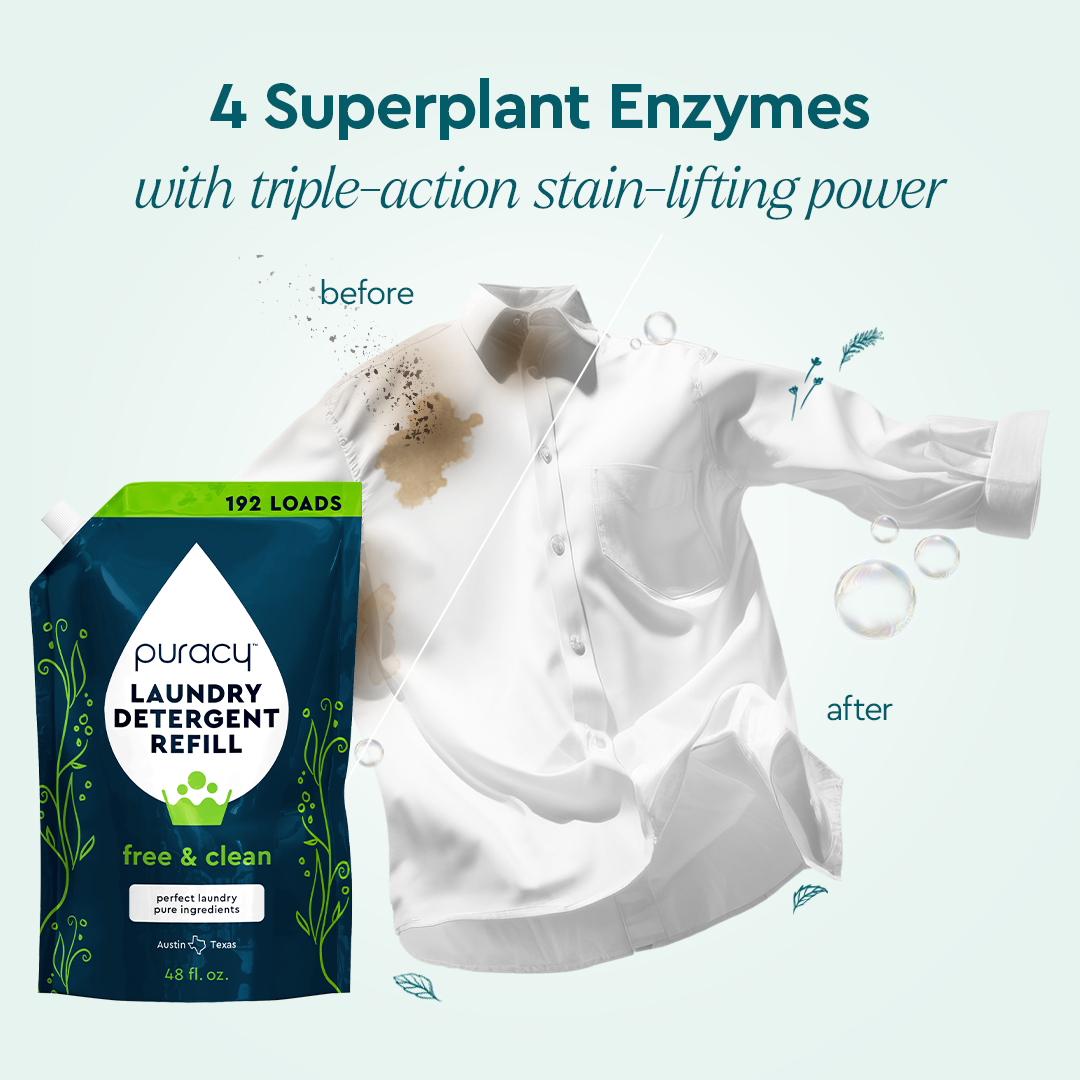 A stained shirt becomes clean with Laundry Detergent (Concentrated, Sulfate-Free), gentle for eczema.