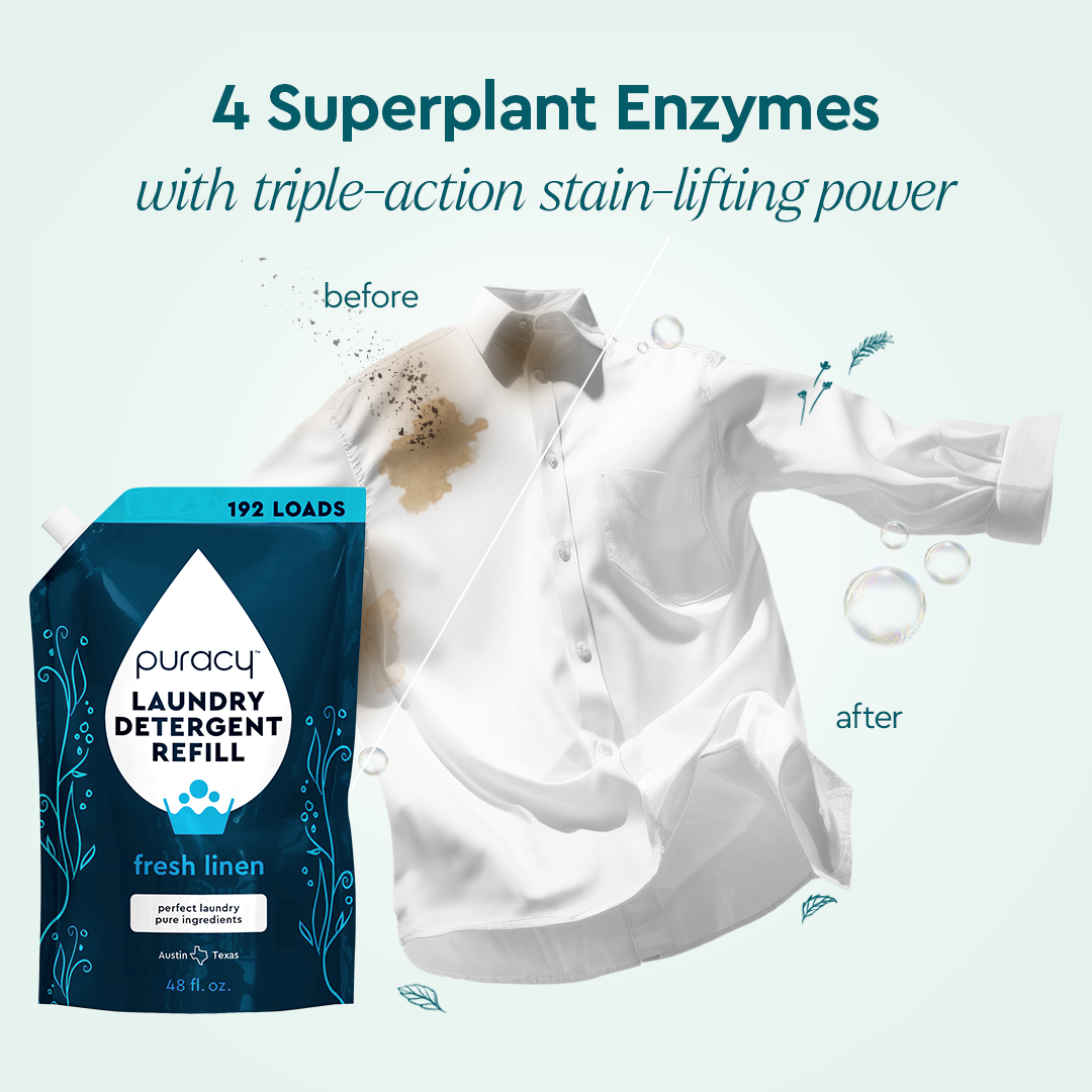 A stained white shirt is cleaned with Laundry Detergent (Concentrated, Sulfate-Free); results shown. #common #scent_fresh-linen refill_#size