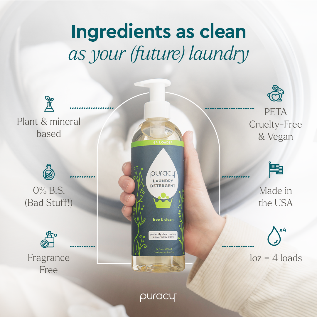 Hand holding Laundry Detergent (Concentrated, Sulfate-Free), benefits shown, washing machine behind.