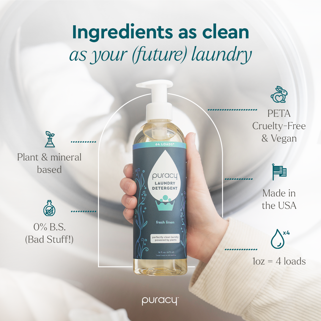 A hand holds Laundry Detergent (Concentrated, Sulfate-Free) by a washer, with stain-fighting enzymes.