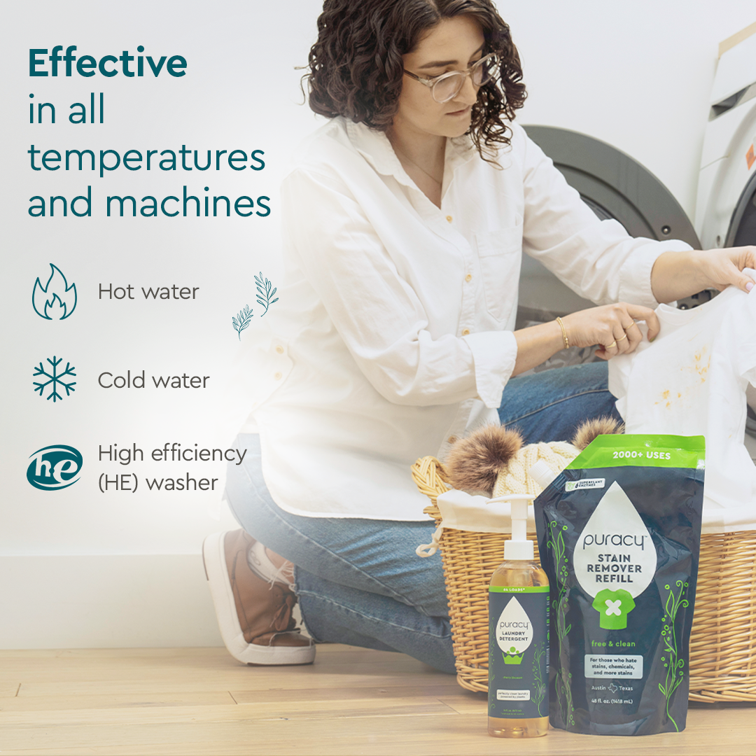 Woman loads laundry beside Laundry Detergent (Concentrated, Sulfate-Free)—ideal for sensitive skin.