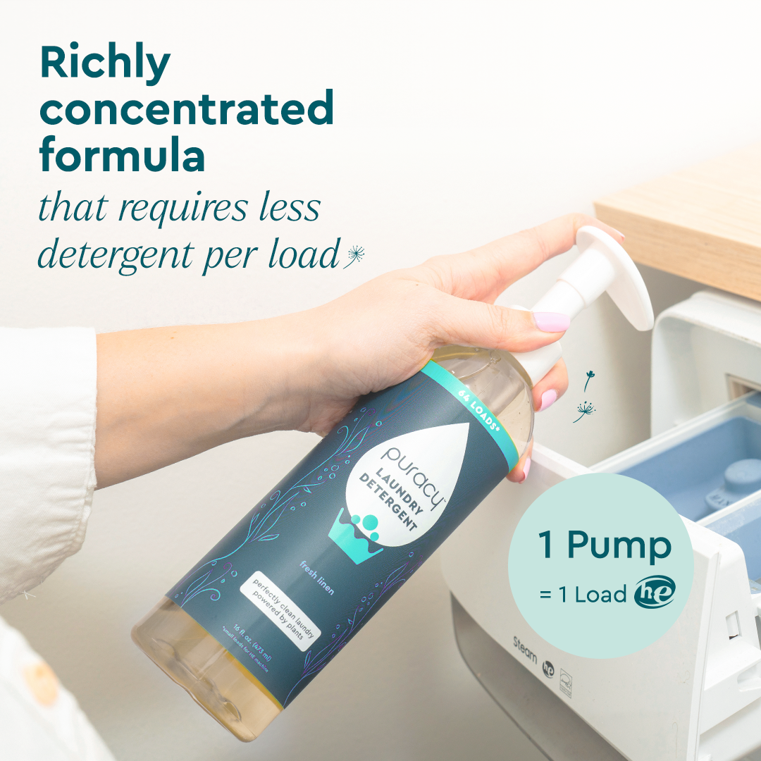 A hand pumps sulfate-free concentrated Laundry Detergent from a Puracy bottle into a washer drawer.