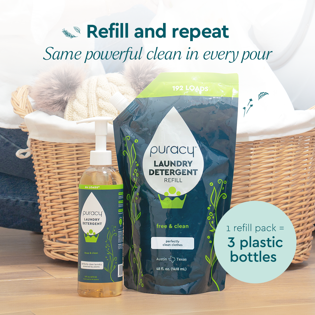 Laundry Detergent (Concentrated, Sulfate-Free) for sensitive skin next to a basket of folded towels.