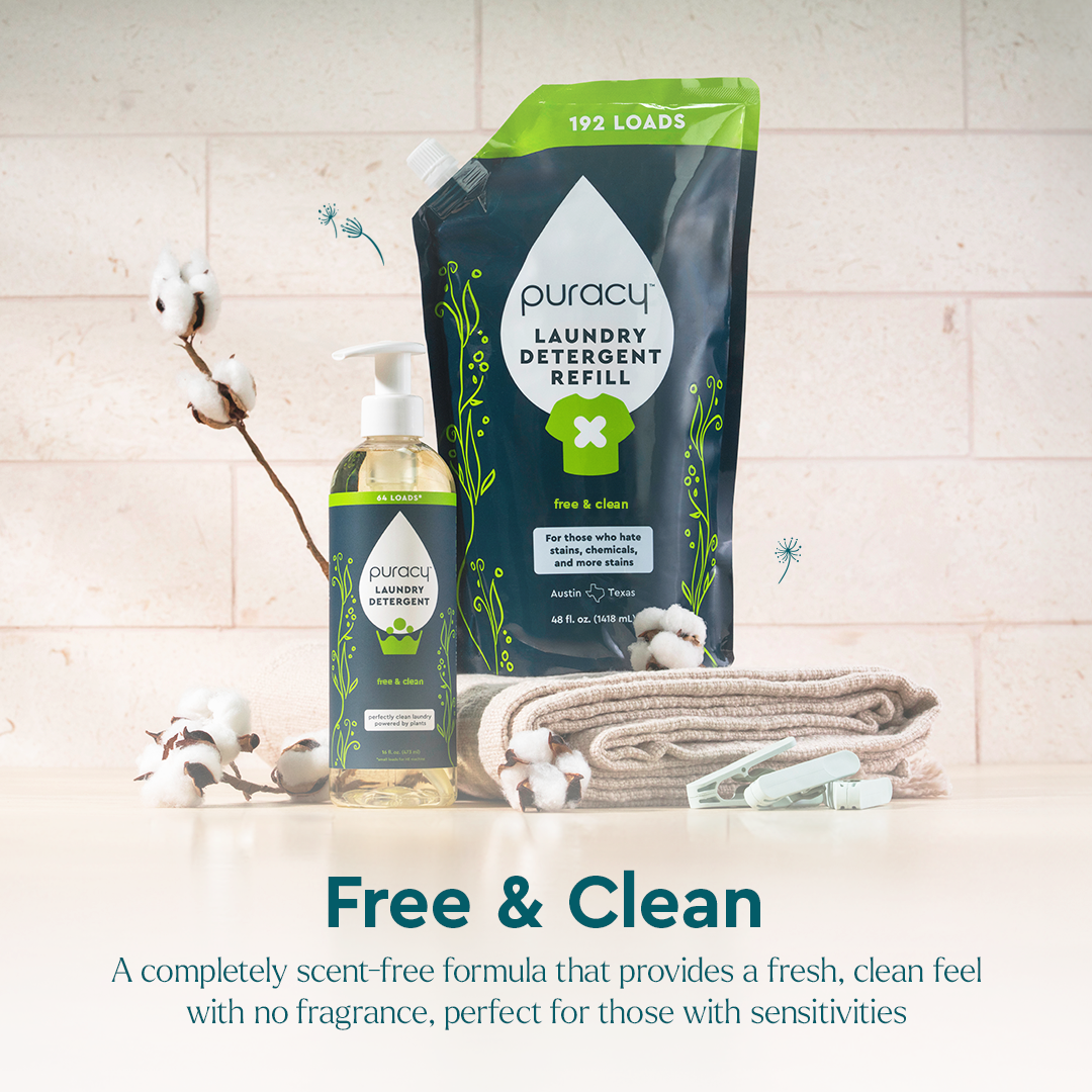 Laundry Detergent (Concentrated, Sulfate-Free) for sensitive skin beside towels, labeled Free & Clean.