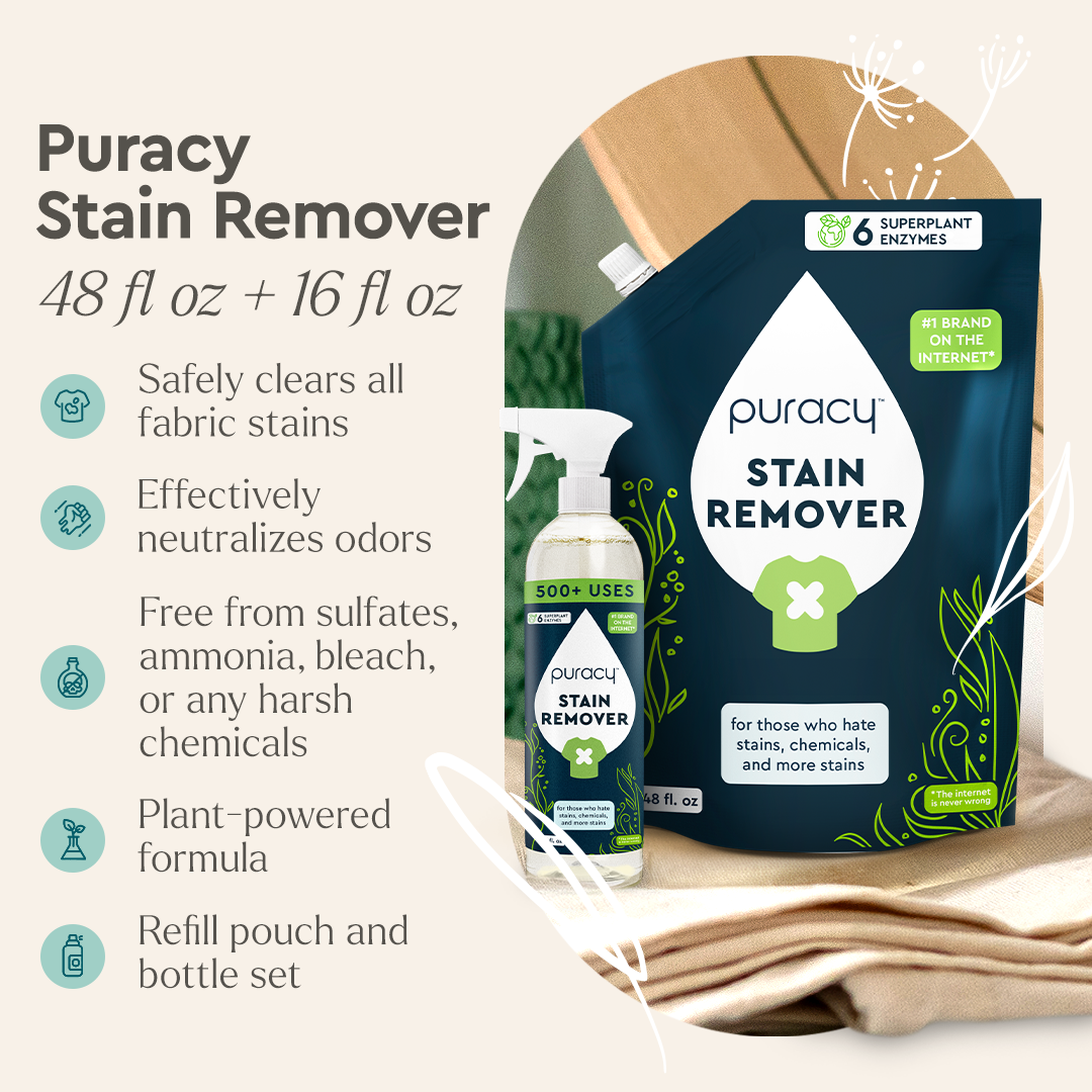 Laundry Stain Remover pouch & spray with plant-based benefits—features listed beside each item.