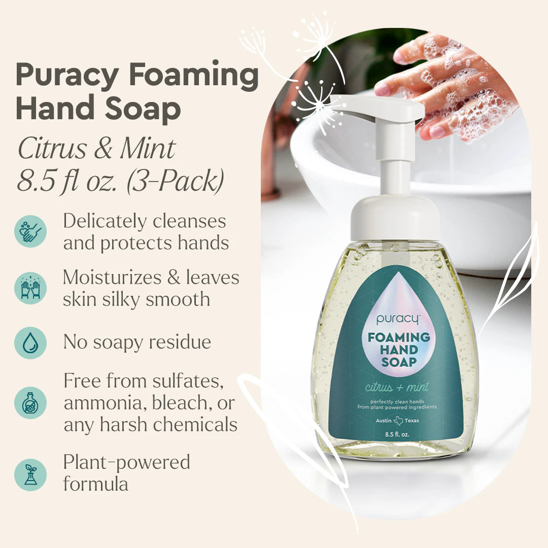 A bottle of Foaming Hand Soap, Citrus & Mint by Puracy, made with eco-friendly and biodegradable plant-based ingredients, surrounded by descriptive text and features.