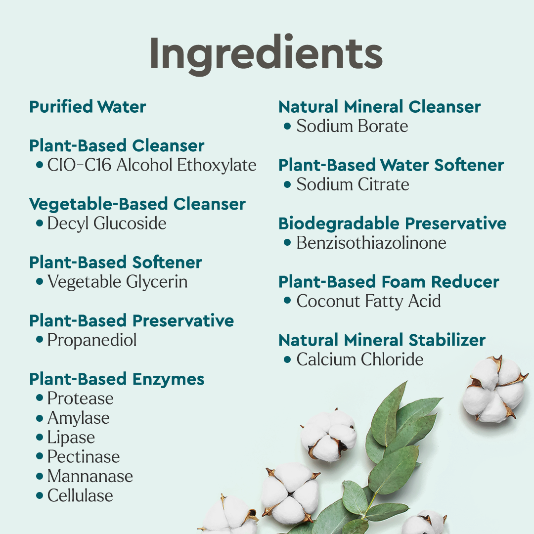 Laundry Stain Remover with plant-based ingredients, cotton flowers, and green leaves on light background.