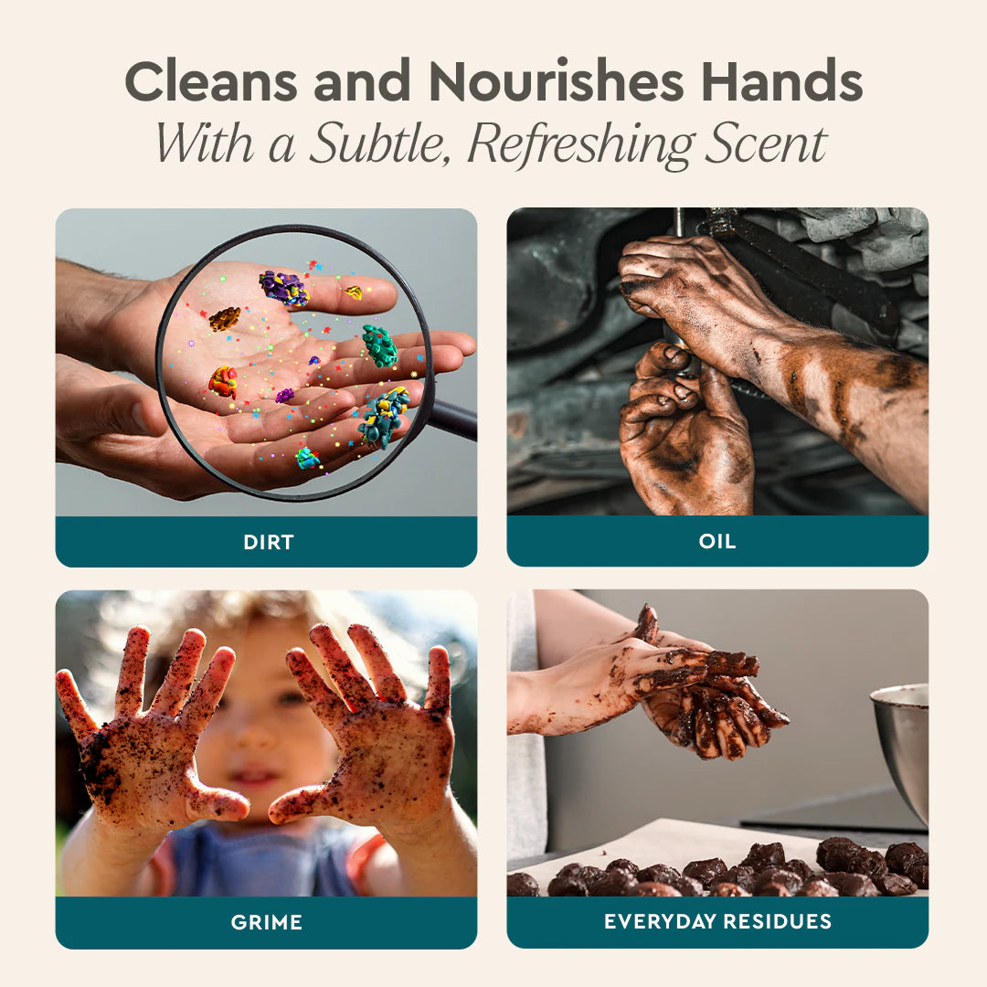 Four images: hands with dirt, oil, grime, and everyday residues, beneath text highlighting eco-friendly solutions from Foaming Hand Soap. #common #scent_citrus-mint
