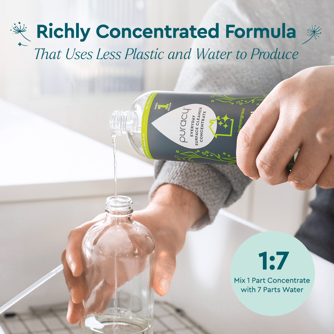 Person pours Refill (Natural Multi-Surface Cleaner Concentrate); 1:7 mix, eco-friendly for all surfaces.#scent_organic-lemongrass|size_concentrate