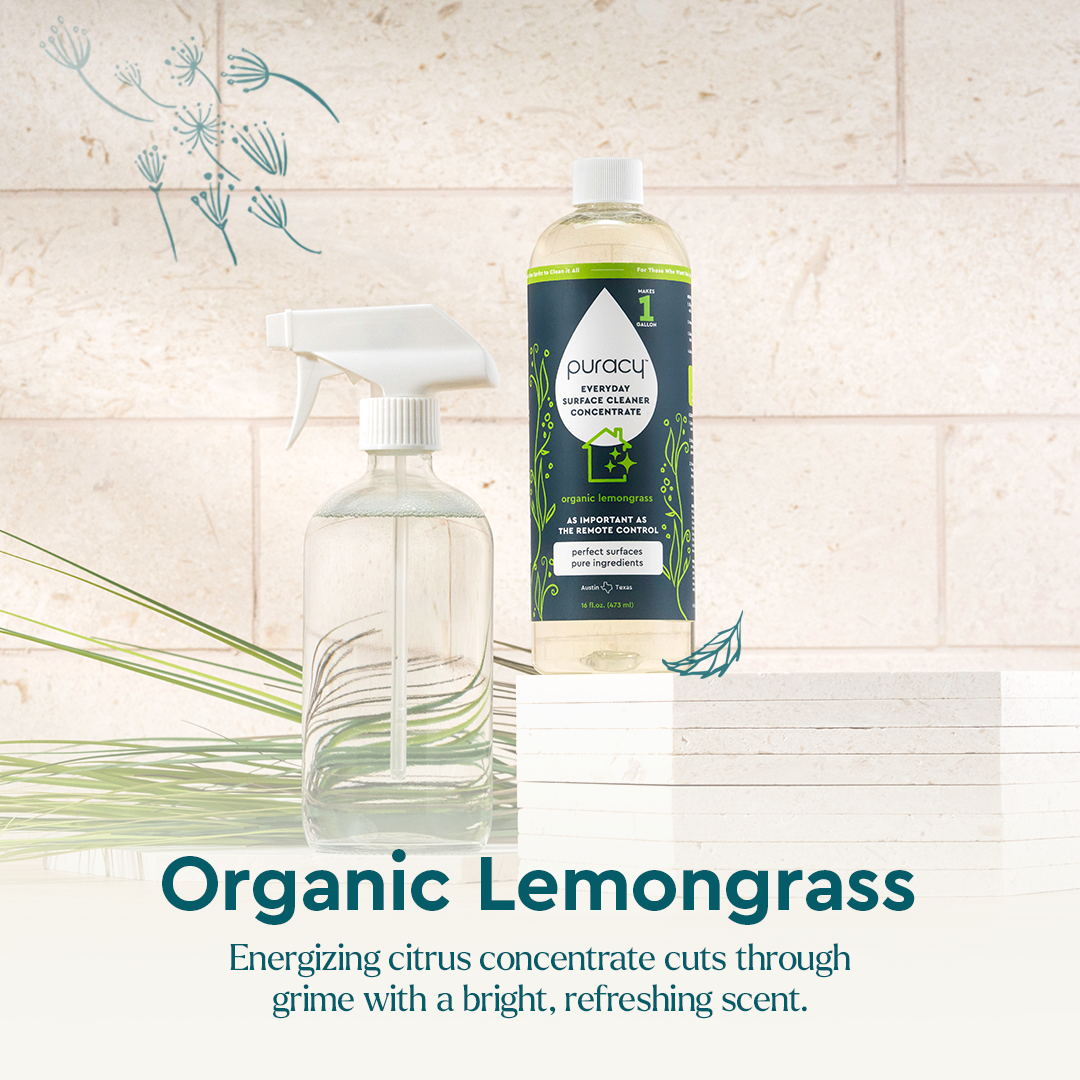 Two bottles of Refill (Natural Multi-Surface Cleaner Concentrate) with Organic Lemongrass text.#scent_organic-lemongrass|size_concentrate
