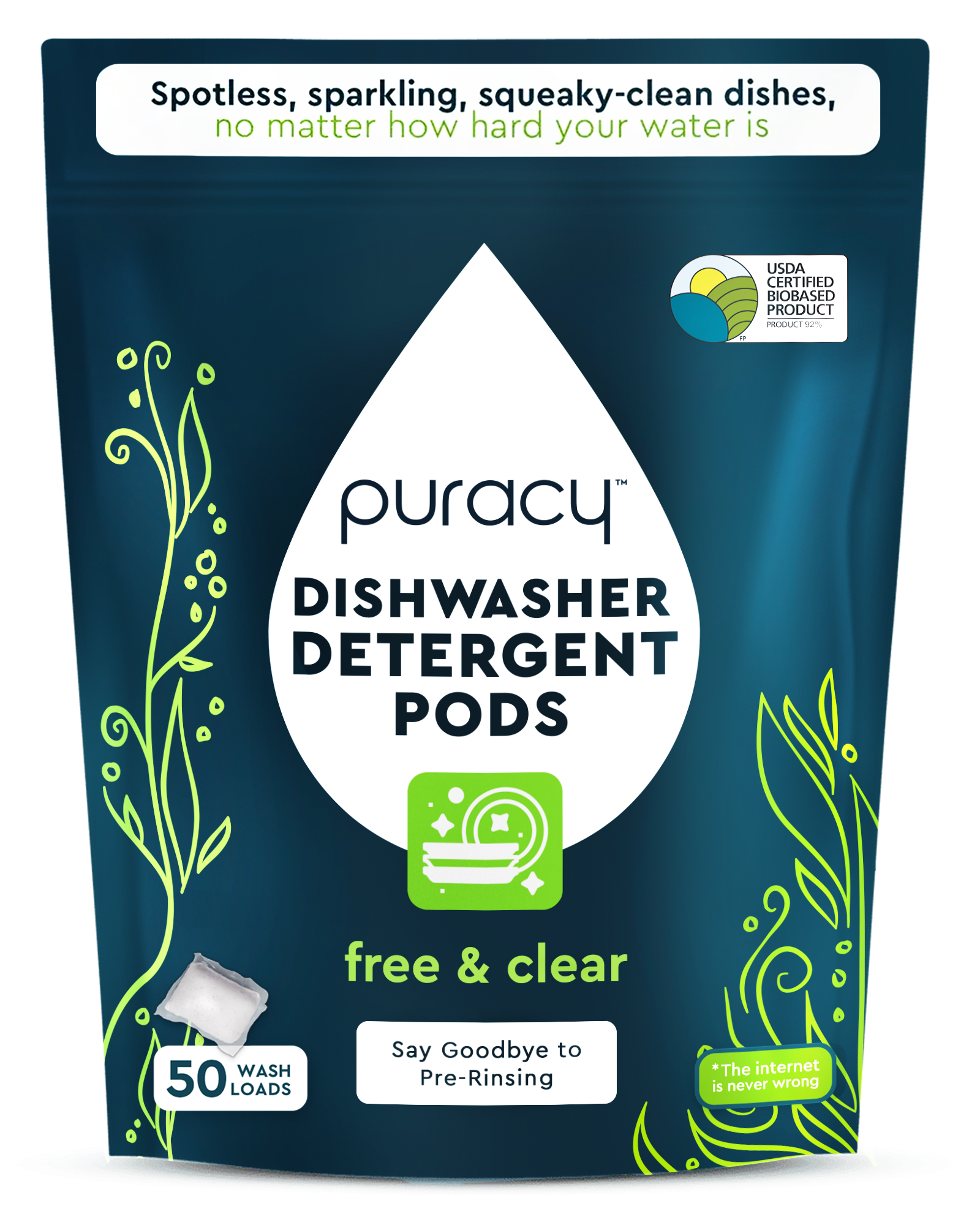 Dishwasher Detergent Pods, plant-based, free & clear, for 50 wash loads.