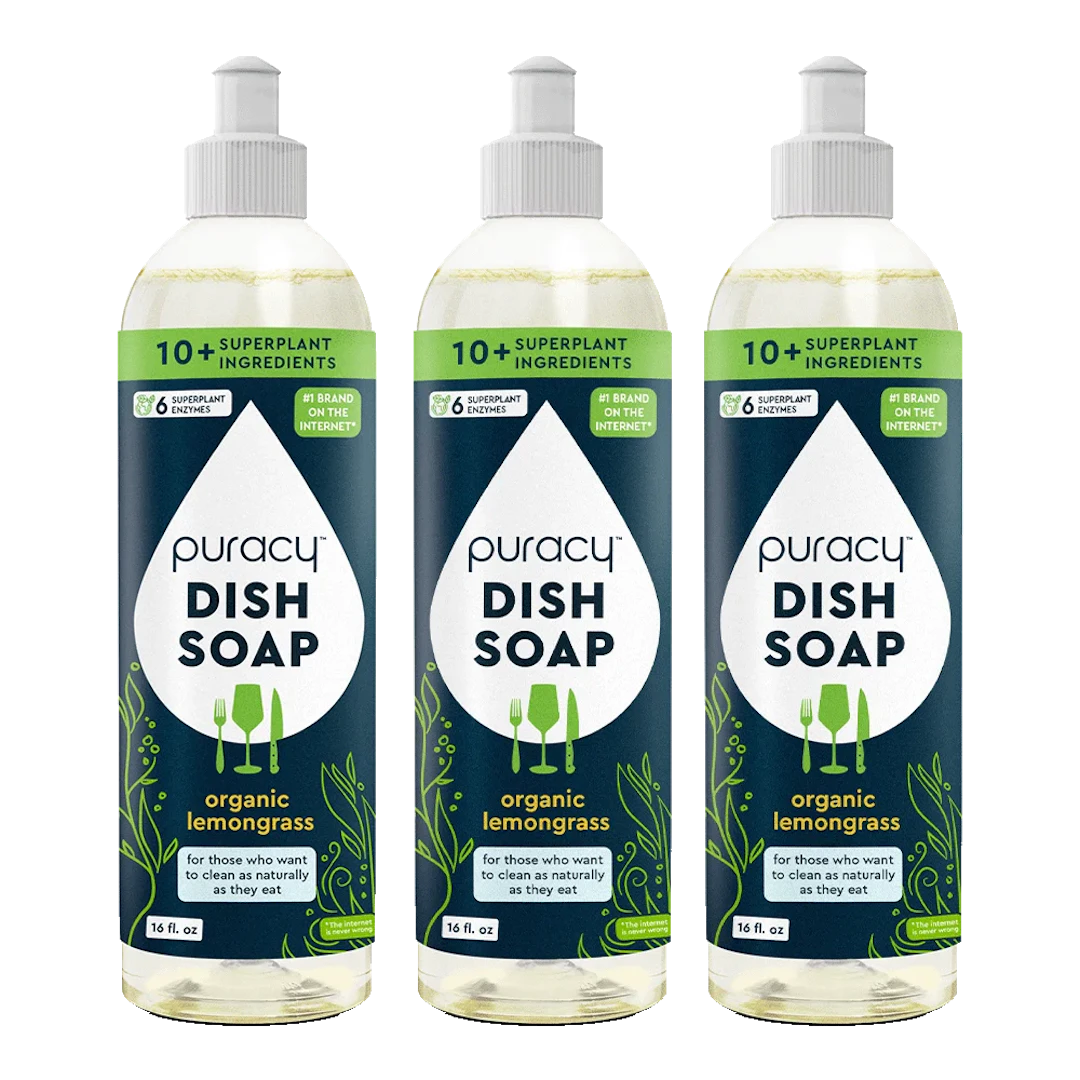 Three bottles of Natural Dish Soap by Puracy, featuring an eco-friendly, natural lemongrass fragrance against a white background.