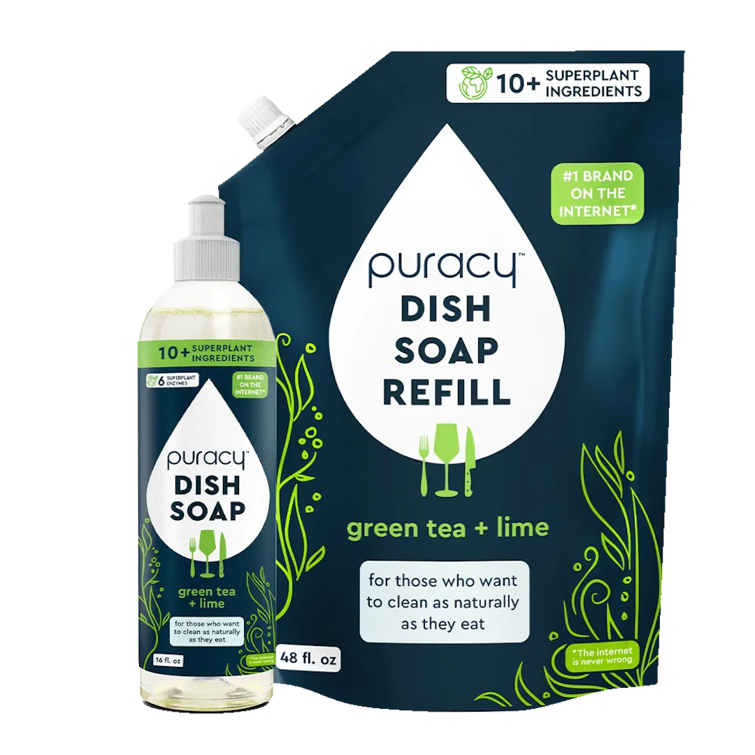 Puracy dish soap with plant enzymes in eco-friendly green tea & lime packaging.
