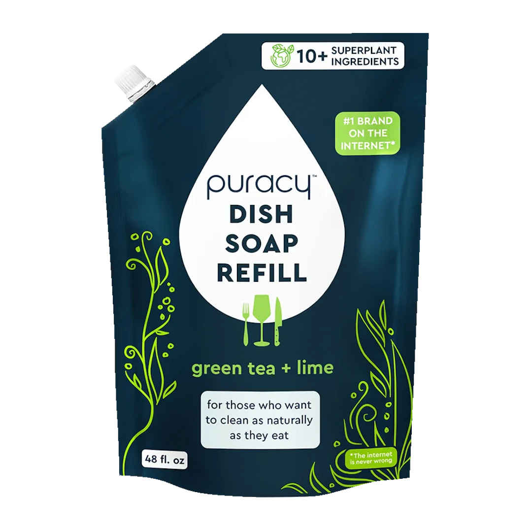 The Natural Dish Soap refill pouch delivers 48 fl. oz. of eco-friendly cleaning power with a natural green tea and lime fragrance, all packaged in a design featuring a plant motif.
