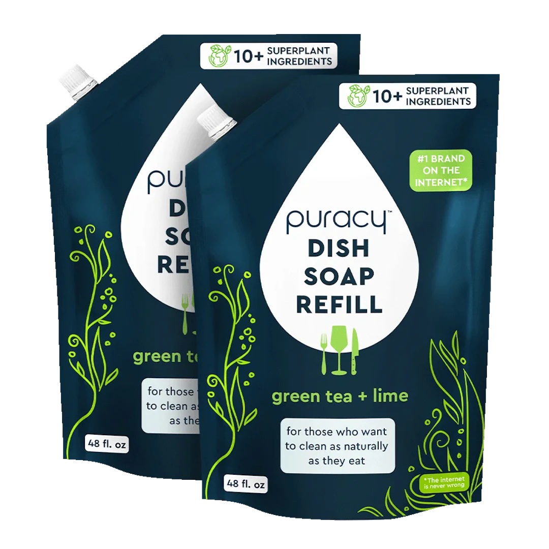 Two pouches of eco-friendly Puracy Dish Soap, Green Tea & Lime scent, plant design on pack.