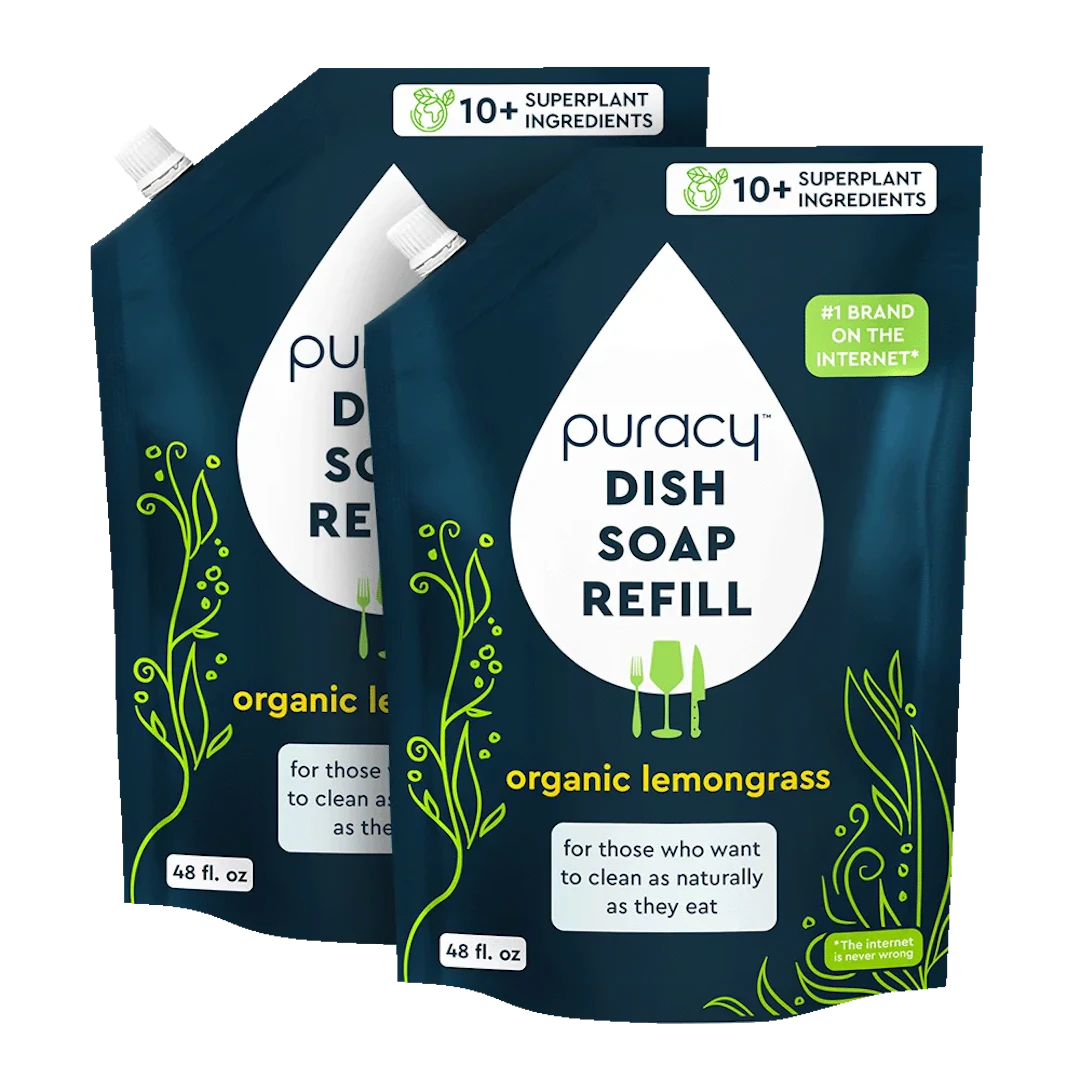 Two pouches of Puracy eco-friendly Dish Soap refill in lemongrass scent with a green leaf design.