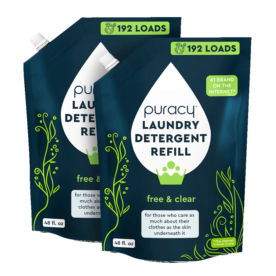 Two refill pouches of the eco-friendly Puracy Laundry Detergent (Concentrated, Sulfate-Free), labeled 192 loads and featuring green designs, provide a hypoallergenic solution for your washing needs.
