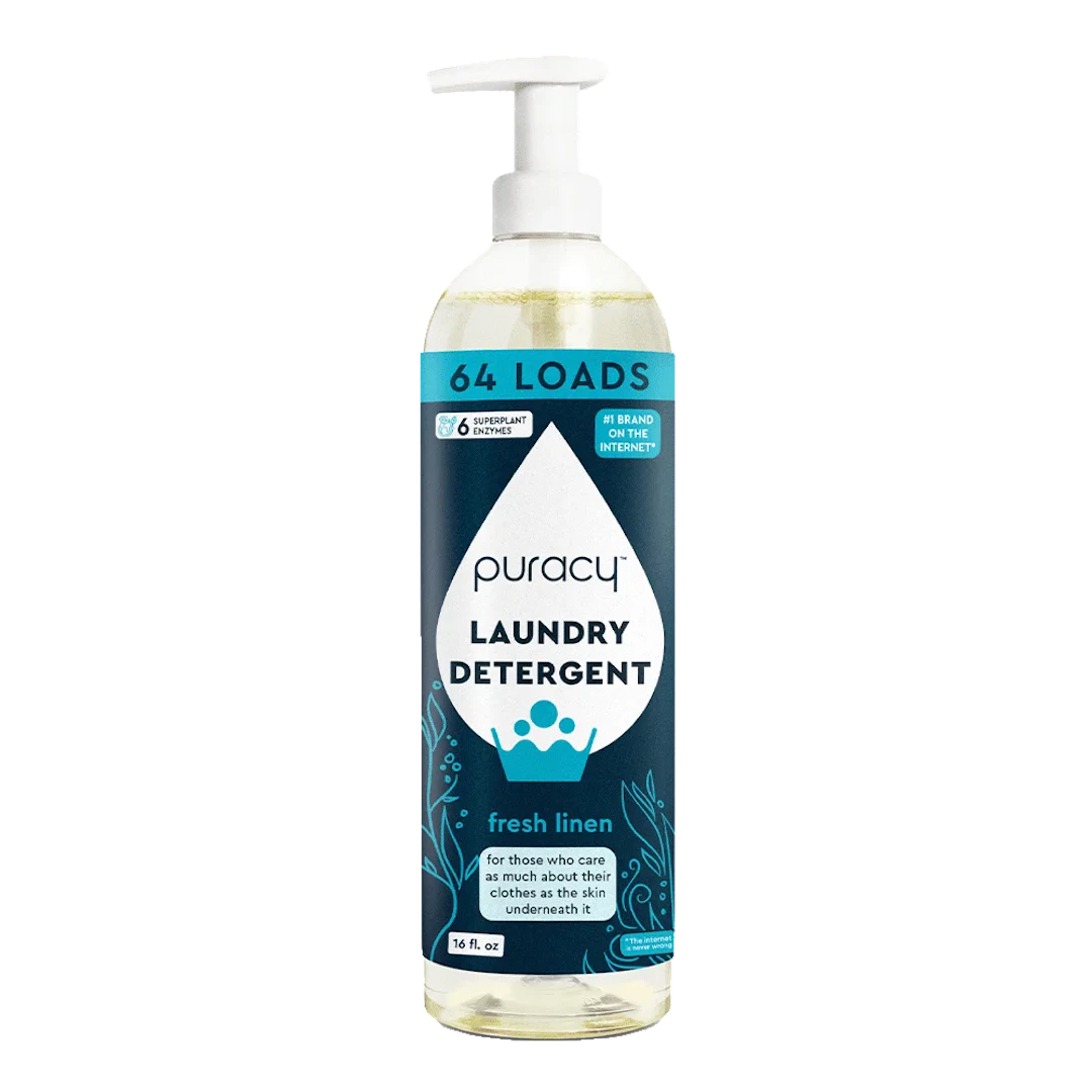 A bottle of the concentrated, sulfate-free Laundry Detergent in Fresh Linen scent, suitable for 64 loads, featuring a convenient pump dispenser. This hypoallergenic and eco-friendly formula effectively cleans your clothes while being gentle on sensitive skin.