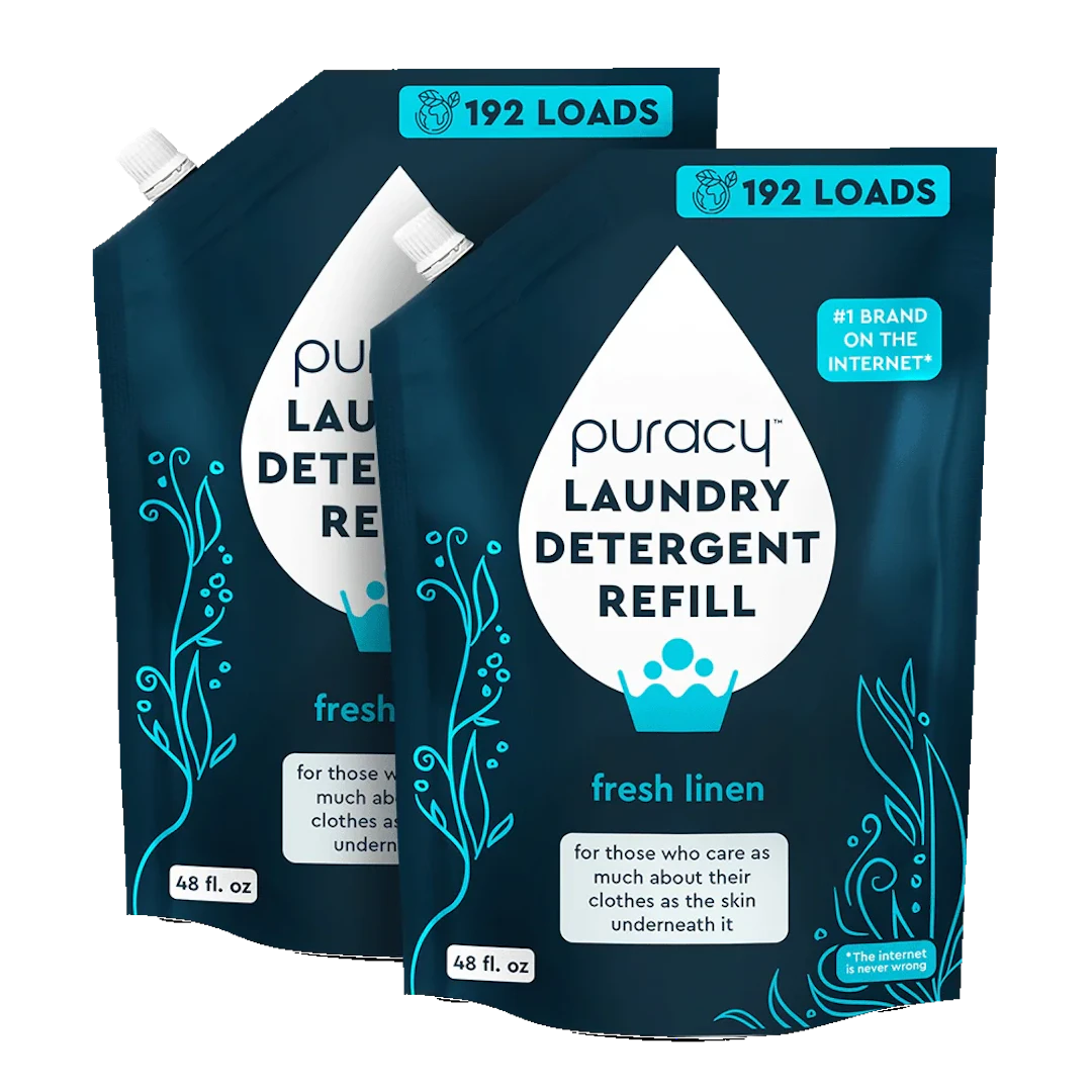 Two concentrated and sulfate-free Laundry Detergent refill pouches from Puracy, featuring eco-friendly formulations in fresh linen and hypoallergenic scents, designed for 192 loads each.