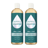 Two bottles of Puracy Shampoo (Sulfate/Paraben/Silicone-Free) with a blend of citrus and mint, enriched with botanical extracts, featuring teal labels.