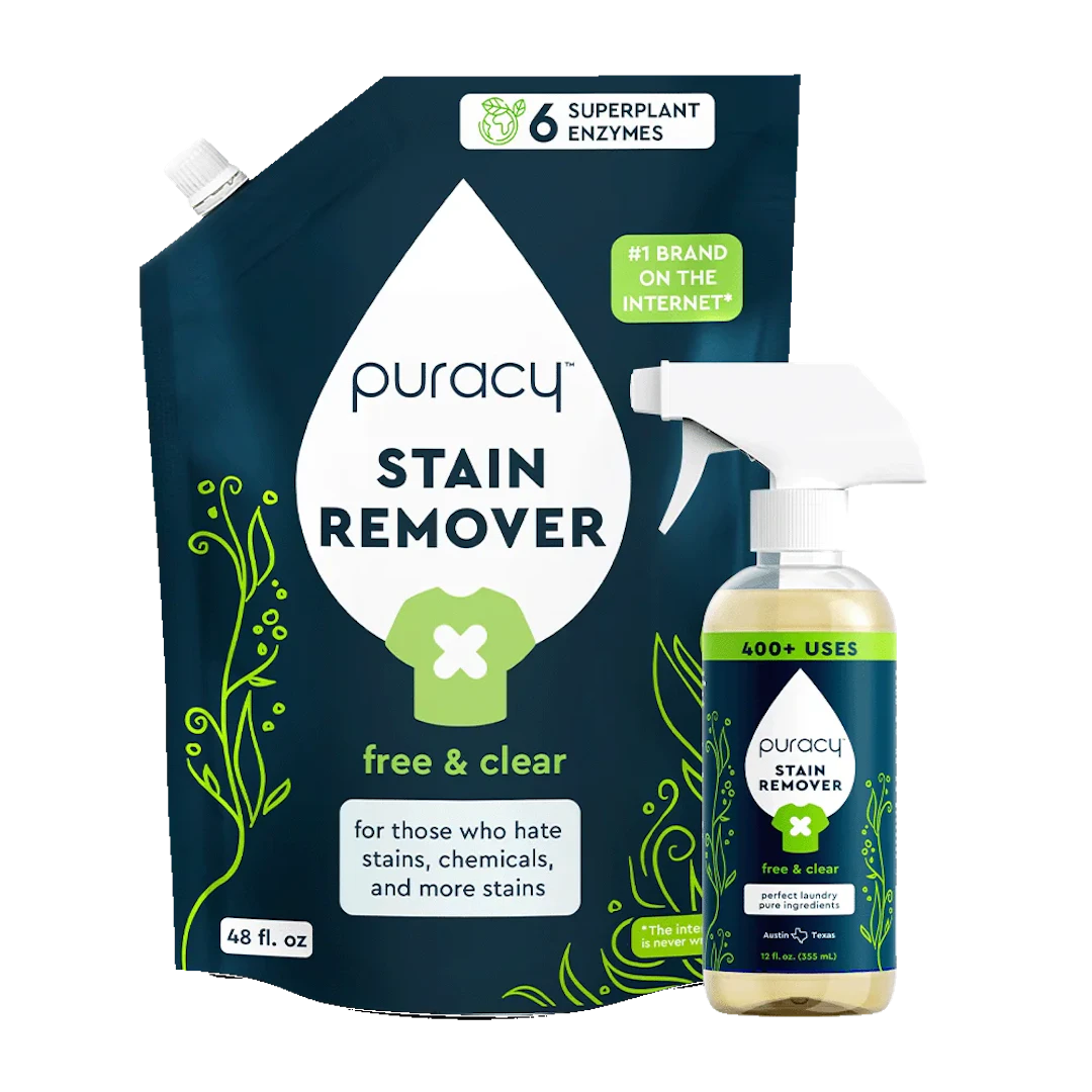 Puracys Laundry Stain Remover set includes a pouch and bottle with green leaf designs.