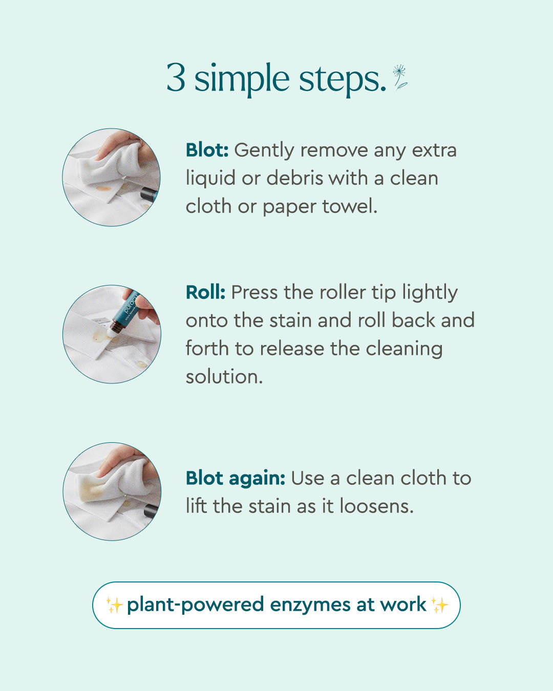 Three illustrated steps for removing stains with a cloth and Laundry Stain Remover solution.