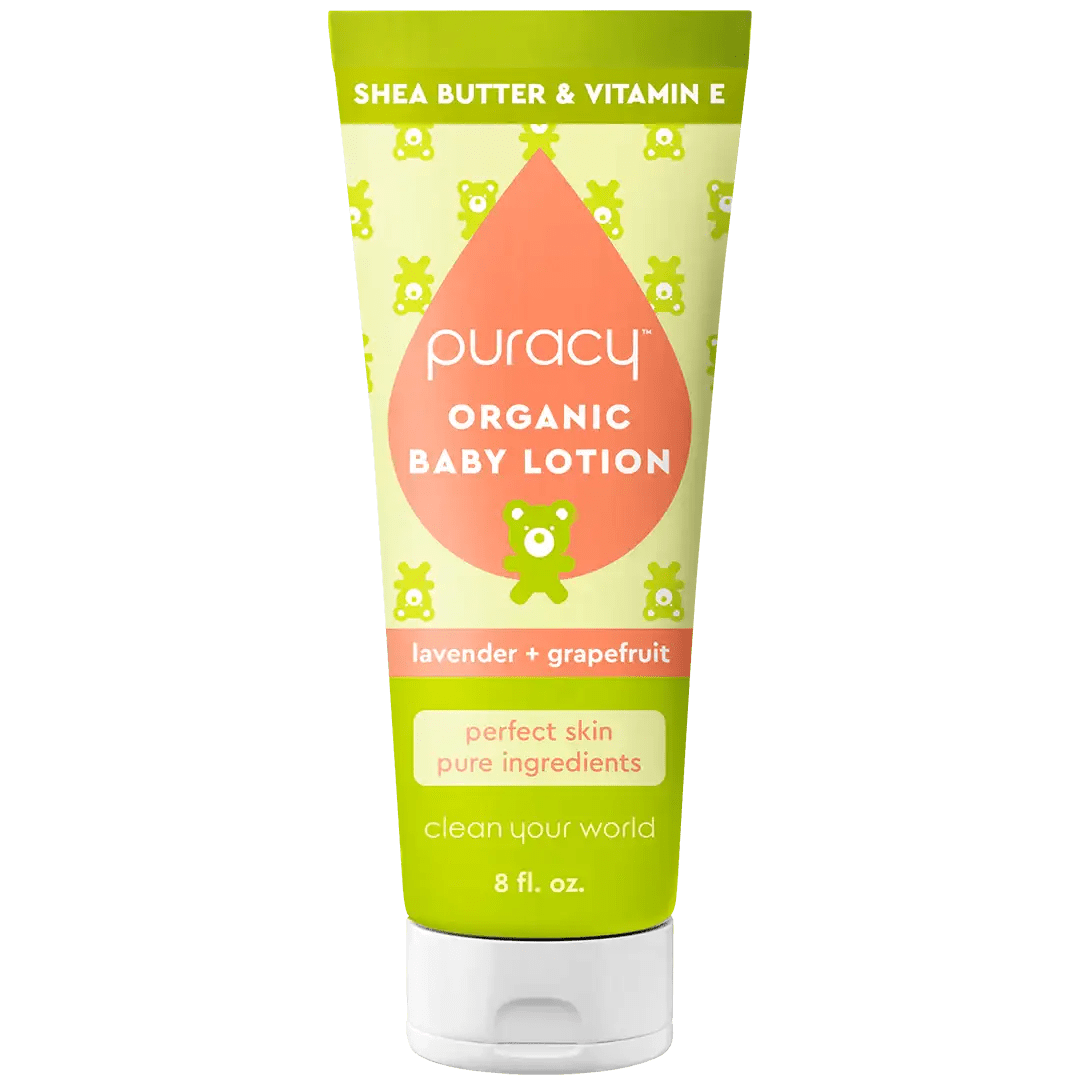 Puracy's Organic Baby Lotion, available in an 8 fl. oz. green tube, features a delightful blend of natural lavender and pink grapefruit essential oils and is enriched with shea butter and vitamin E. This makes it one of the top baby skincare choices for delicate skin.