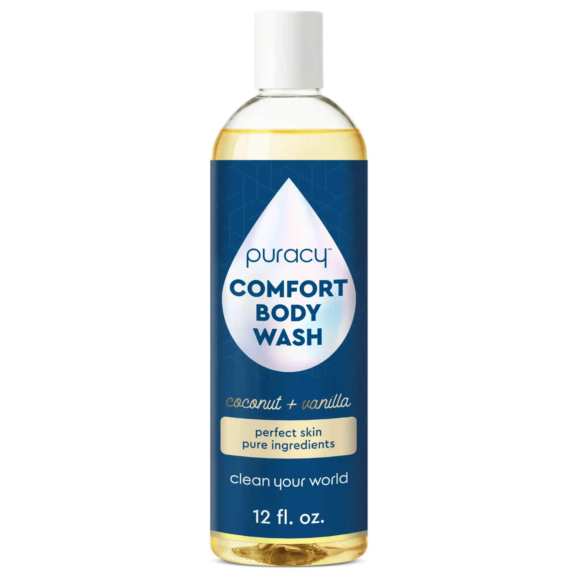 Puracy Refillable Natural Body Wash: coconut vanilla scent, eco-friendly, 12 fl. oz., with blue label.