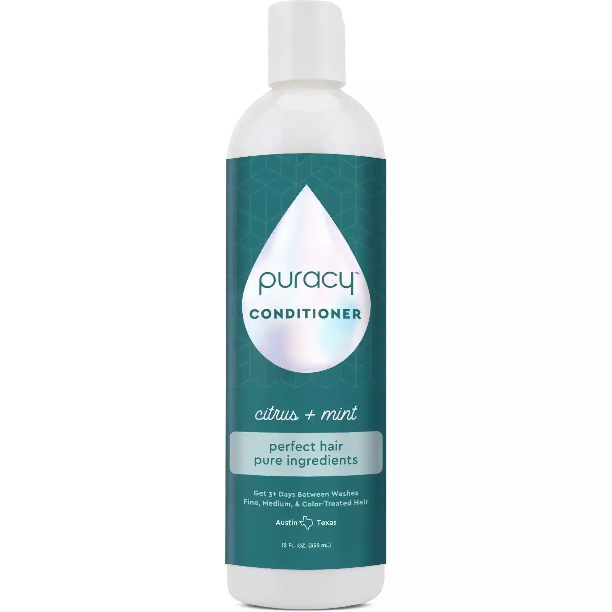 Bottle of Conditioner (Silicone/Dimethicone/Sulfate Free), enriched with natural essential oils for deep hydration, featuring a teal label and white cap. Sulfate-free formula ensures gentle care.