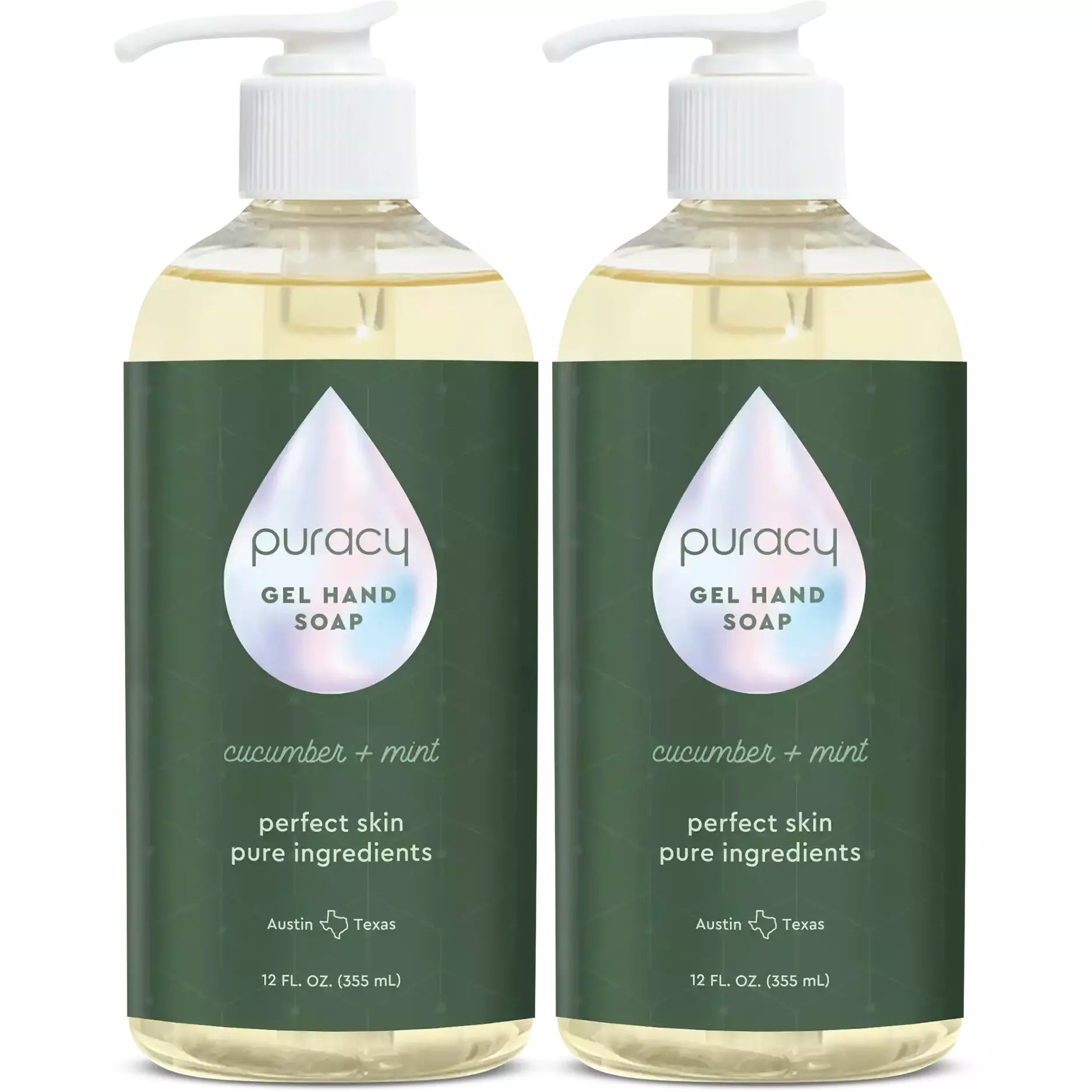 Two pump dispenser bottles of Puracy Gel Hand Soap, cucumber + mint scent, made from plant-derived ingredients for moisturizing and hydrating.