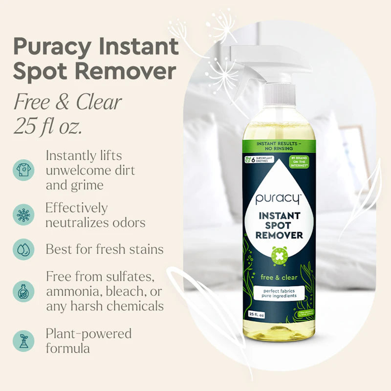 Instant Spot Remover bottle shown with plant-based, no-rinse formula benefits alongside.