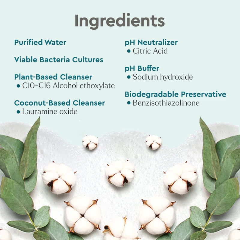 Cotton, green leaves, and Instant Spot Removers plant-powered ingredients on white foam.