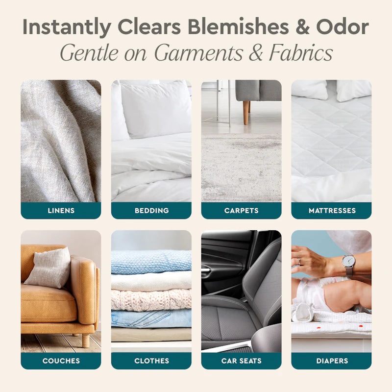 Infographic featuring Instant Spot Remover, a plant-powered cleaner for linens, bedding, and more.