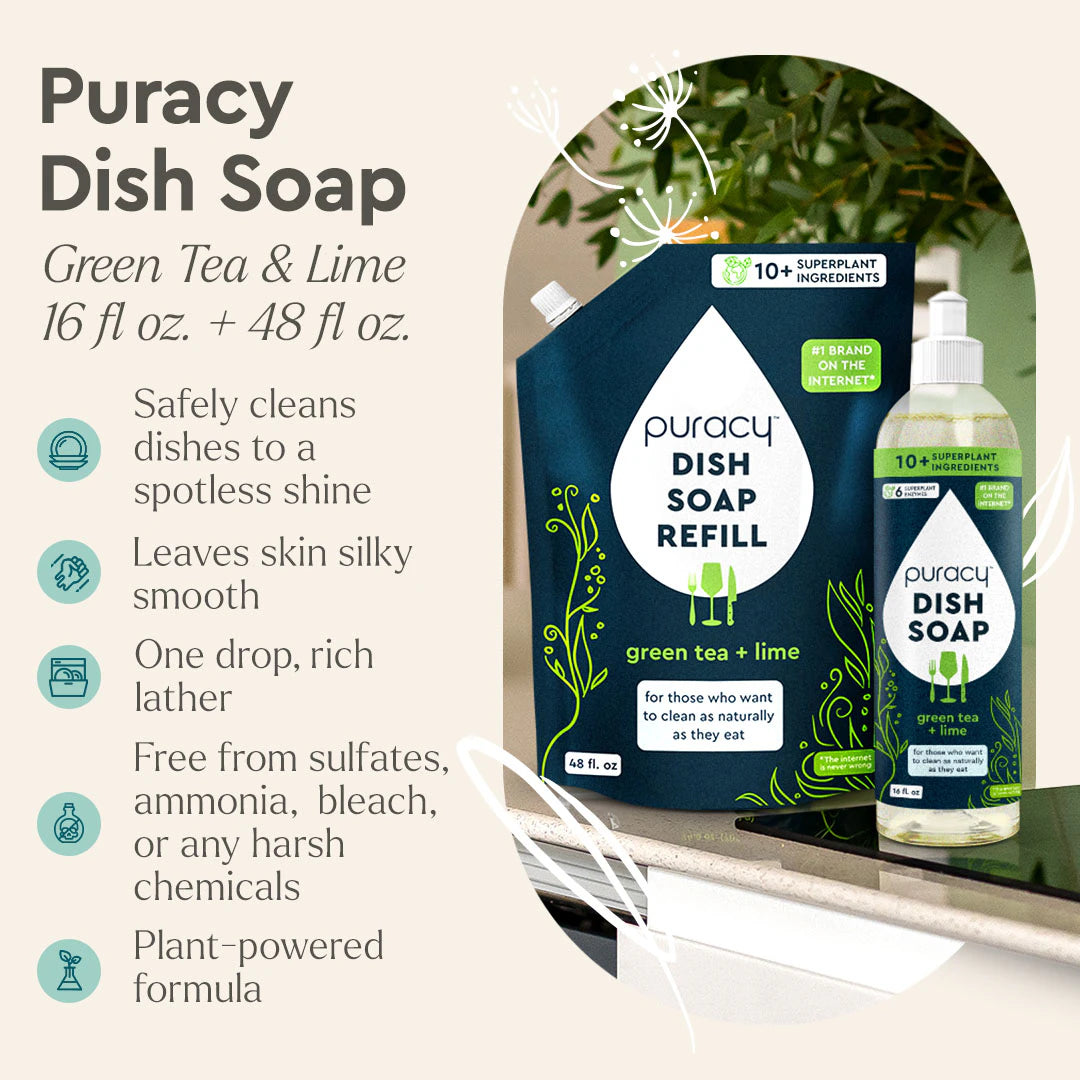 Puracy Dish Soap Refill—plant-based, hypoallergenic; features listed beside the product packaging.