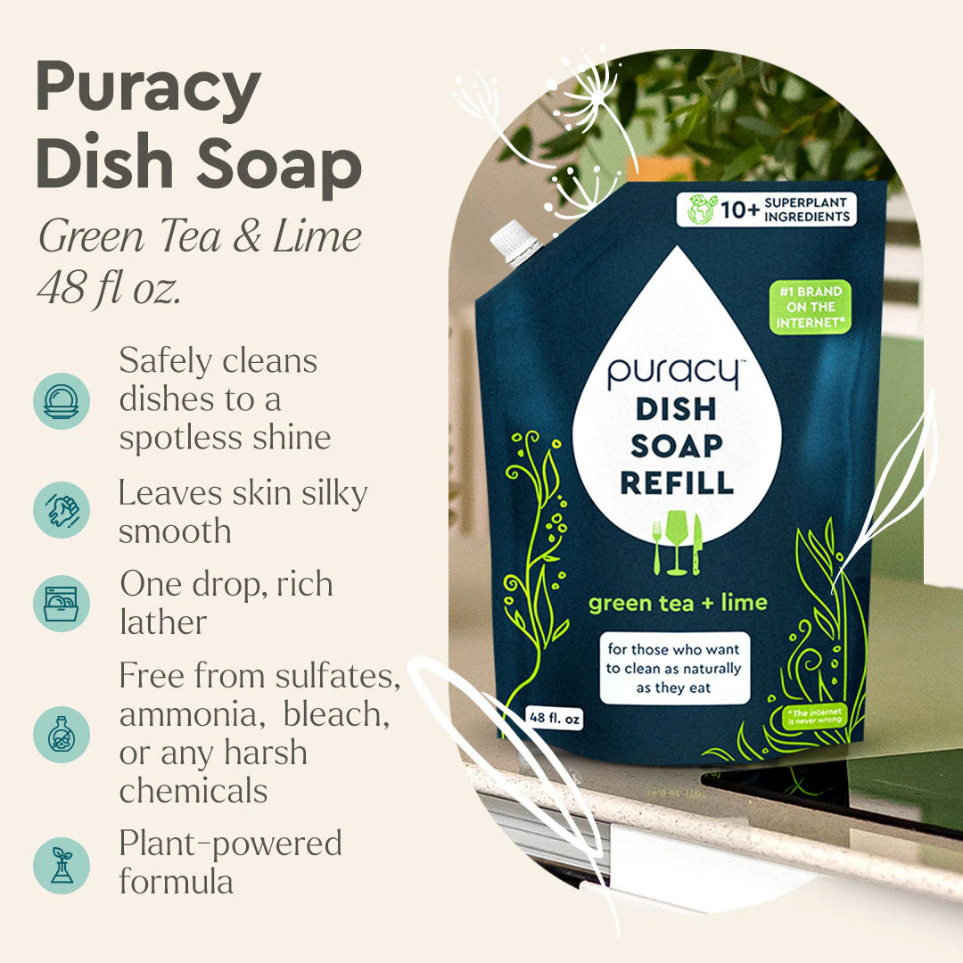 Puracy Dish Soap refill pouch, Green Tea & Lime, 48 fl oz—plant-based and gentle on hands.