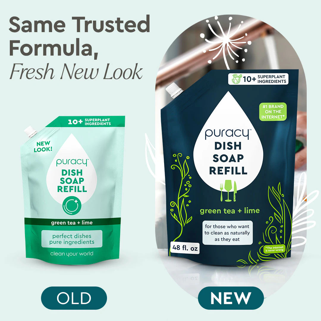 Two Puracy Dish Soap refill packs, old vs. new design, are shown side by side.